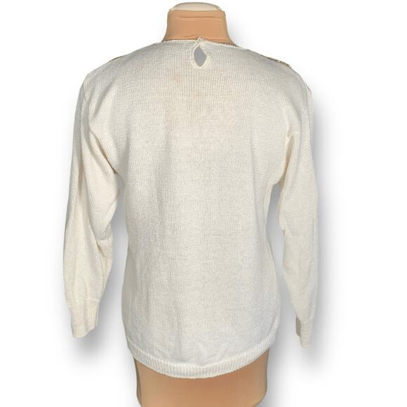 Vintage 80s Cream Sweater Beaded Sequin Burgundy Dark Floral Statement Knit - Picture 4 of 12